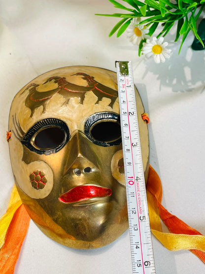 Brass - Tone Decorative Face Mask with Red Accents – 14 cm
