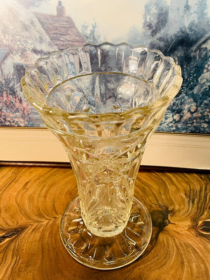 Vintage Pressed Glass Vase | Scalloped Floral Vase 10.5 Inch