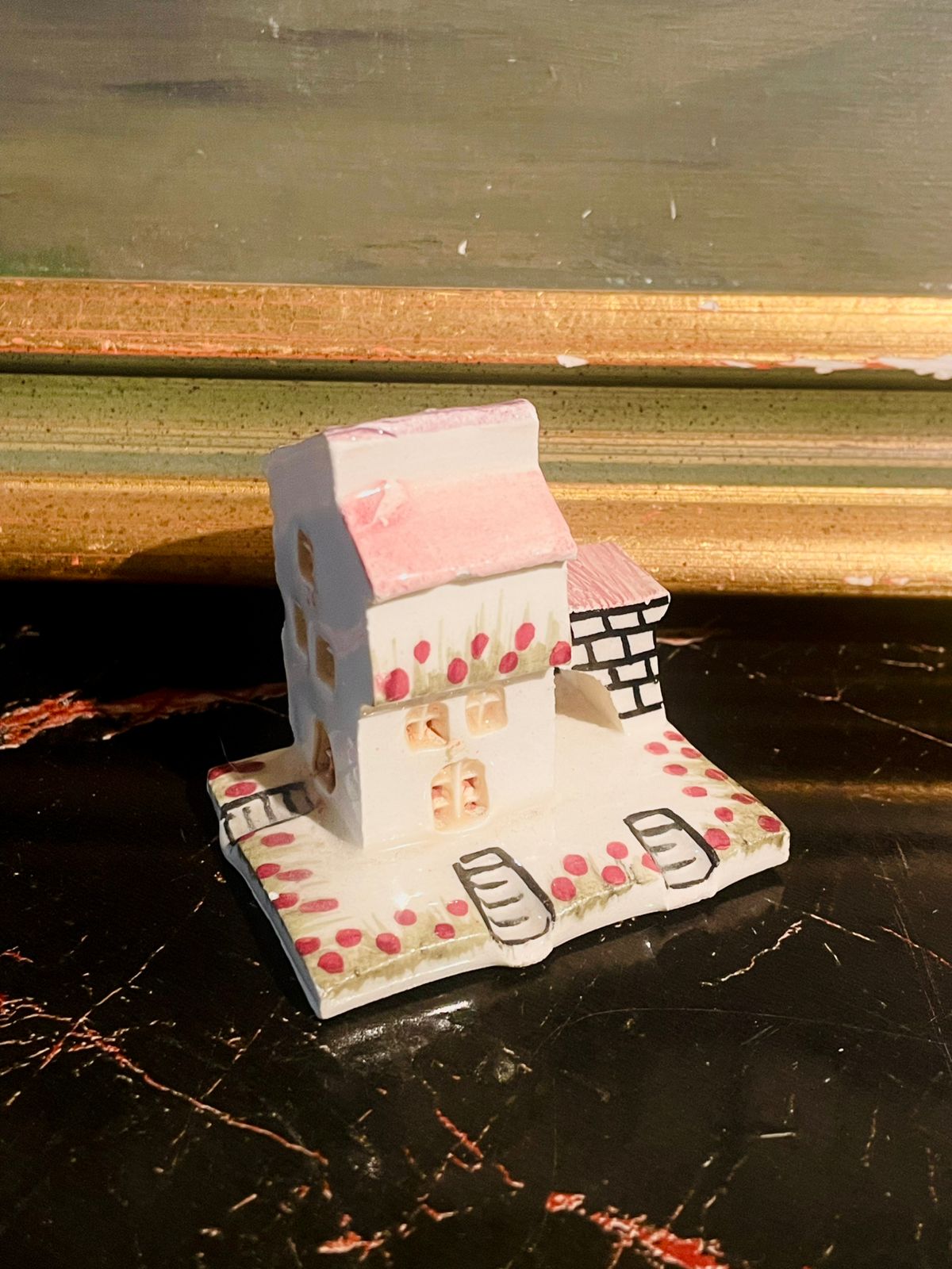 Miniature Hand-Painted Cottage House — Pink Roof Collectible
