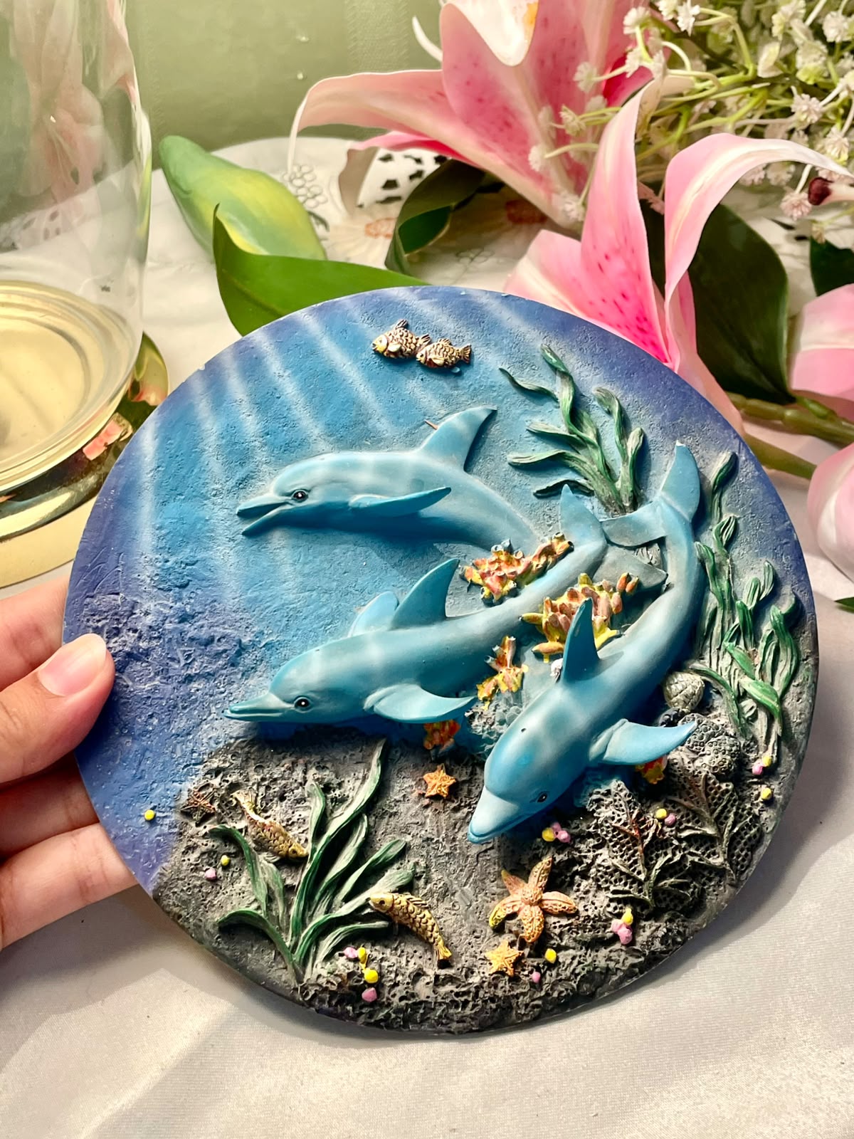 Dolphin Underwater Relief Wall Plaque Blue 18cm