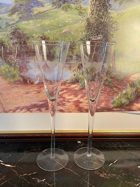 crystal champagne flutes, wedding toast glasses, vintage etched glasses, romantic wine glasses, heart and dove crystal flutes, vintage crystal glass set, european vintage treasures, rare thrift finds pakistan, anniversary champagne glasses, heritage european glassware, timeless vintage décor