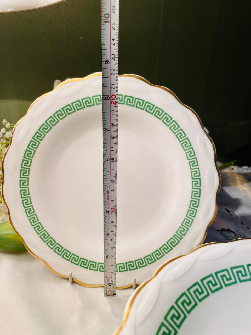 Green Greek Key Gold Rim Dinner Plates & Stand Platers
