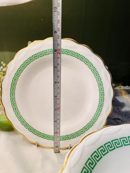 Green Greek Key Gold Rim Dinner Plates & Stand Platers