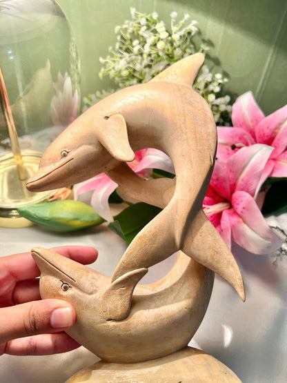 Vintage Carved Wooden Dolphin Sculpture – Pair on Base 24 cm