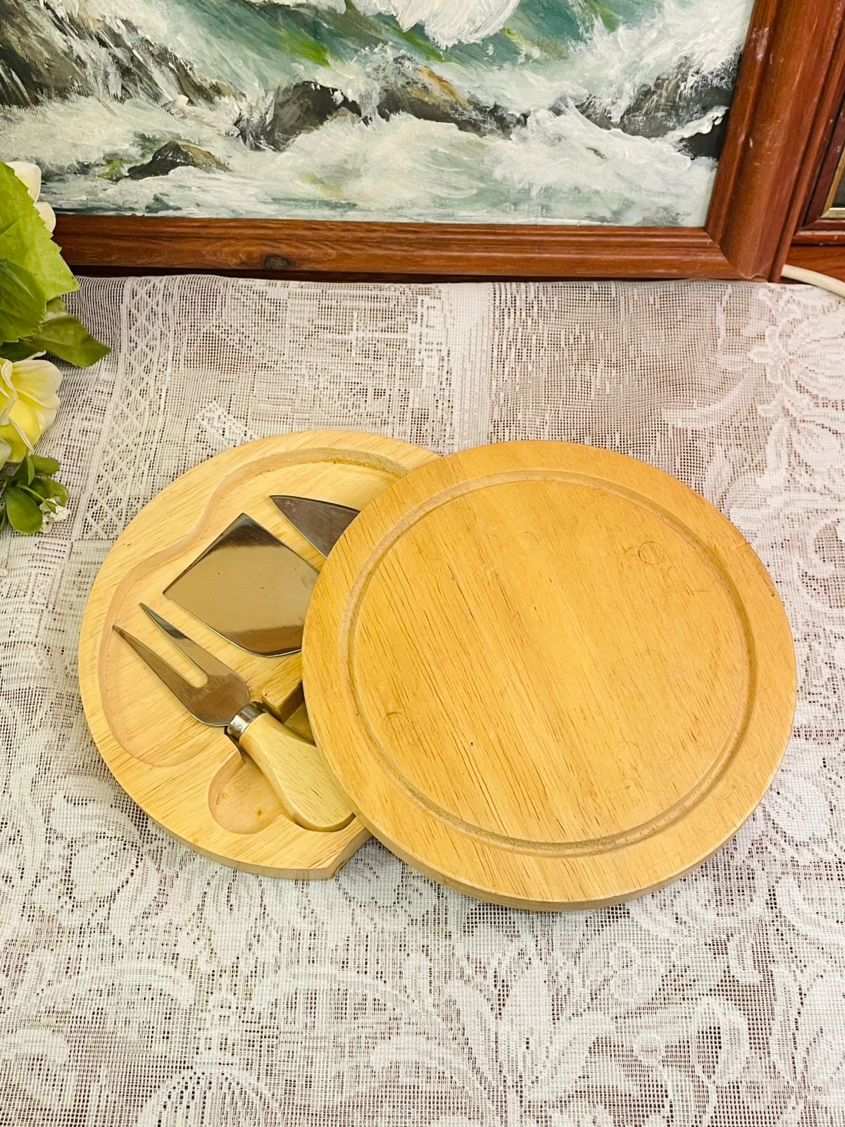 Vintage Wooden Cheese Cutting Board with Knife Set