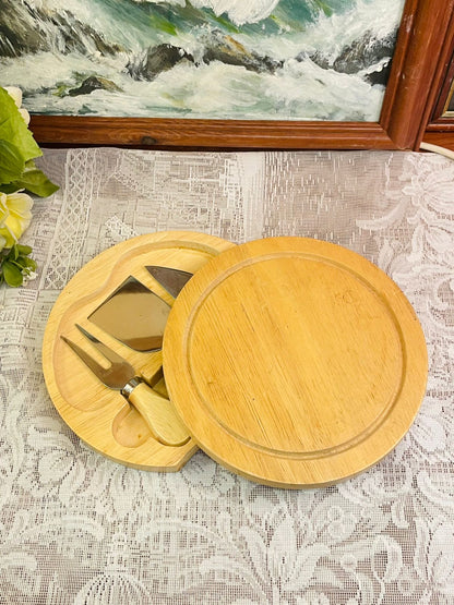 Vintage Wooden Cheese Cutting Board with Knife Set