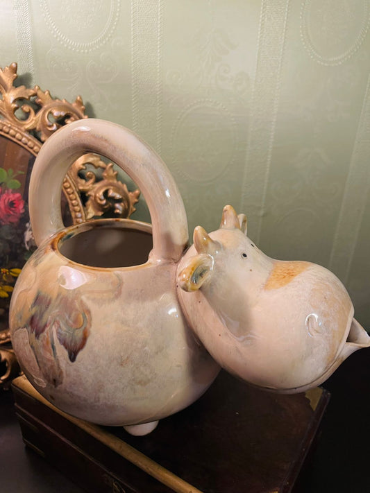 Hippo Shaped Ceramic Watering Can 8 Inch Cottage Decor