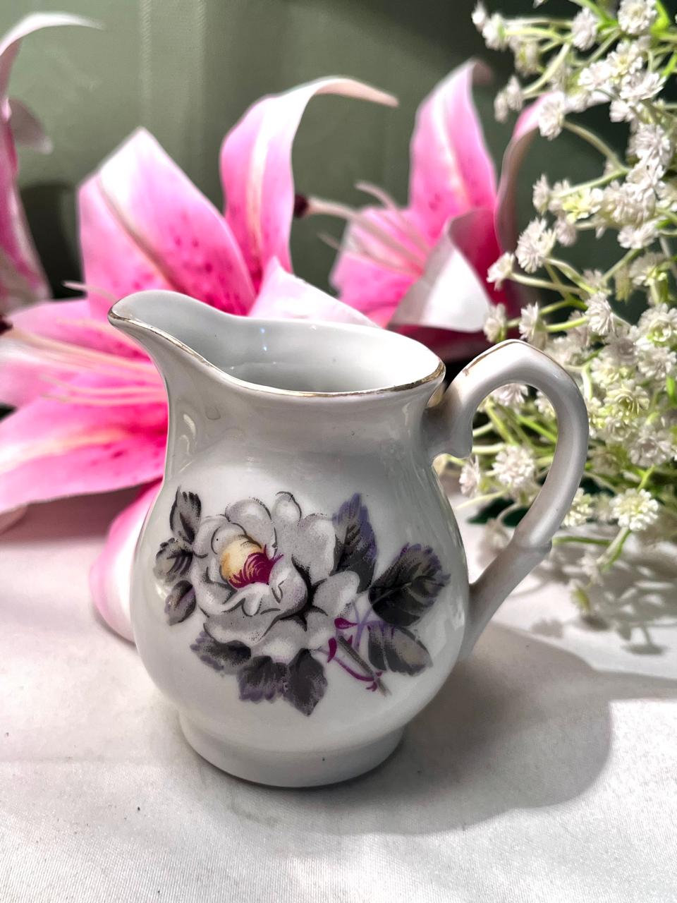 Vintage Floral Porcelain Creamer Jug with Gold Trim