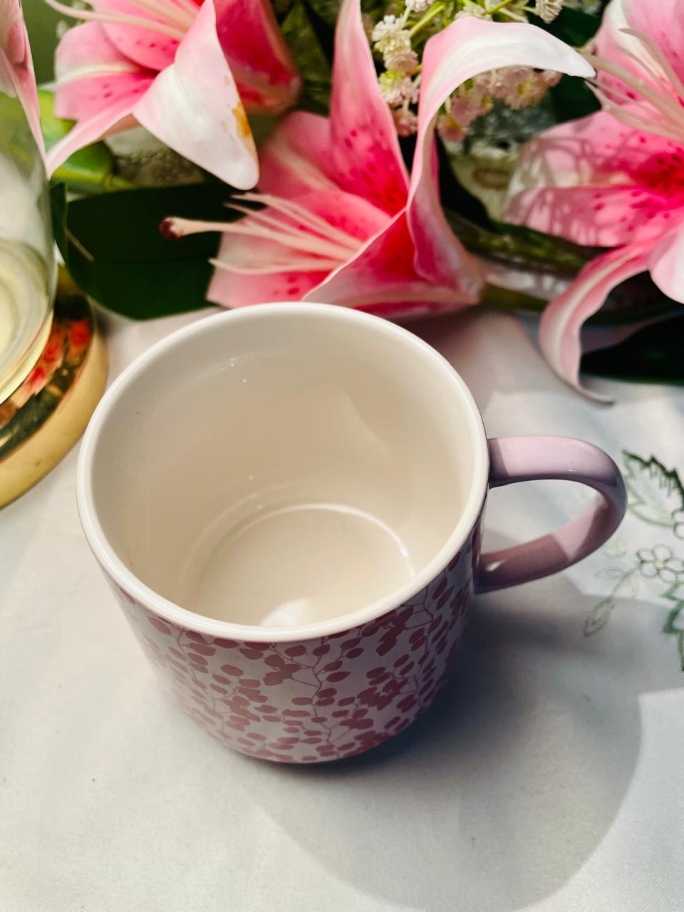 Pink Botanical Leaf Mug with Purple Handle 9 cm