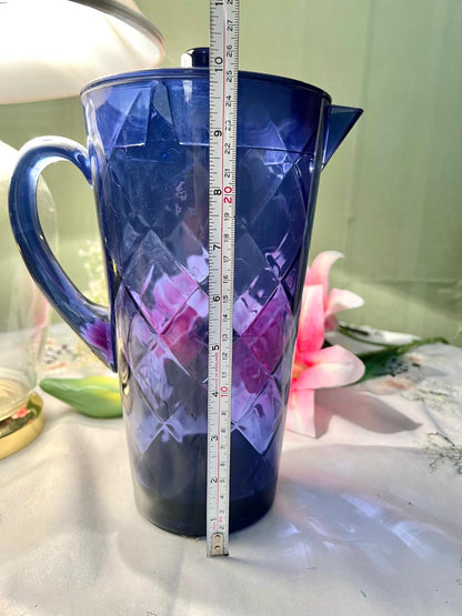 Vintage Melamine Blue Crystal Lidded Pitcher 10 in