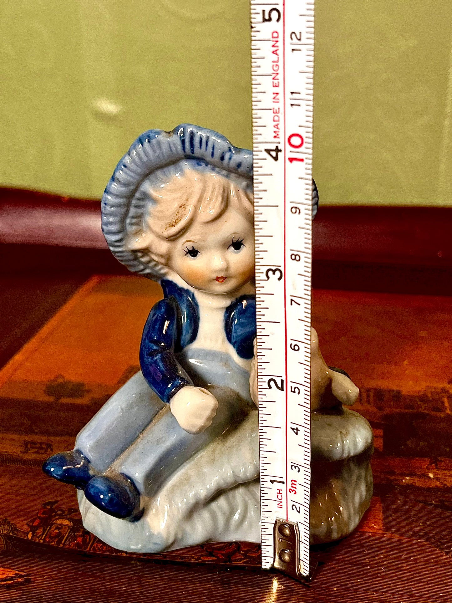 Vintage Porcelain Girl Figurine with Candle Holder Blue Bonnet 10cm