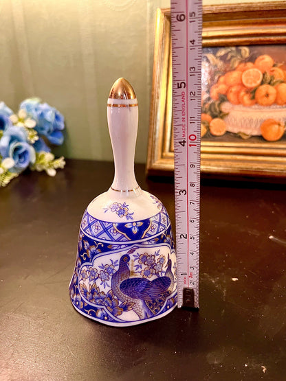 Blue and White Peacock Ceramic Hand Bell – Gold Trim Collectible
