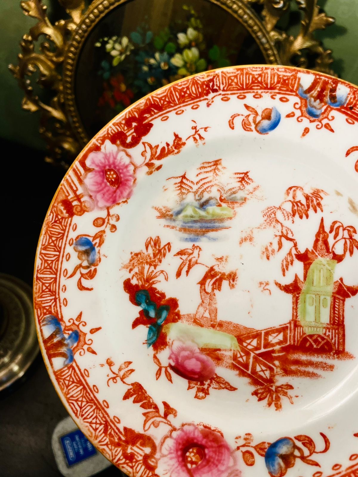Antique Chinoiserie Floral Side Plate – Orange Pagoda Design