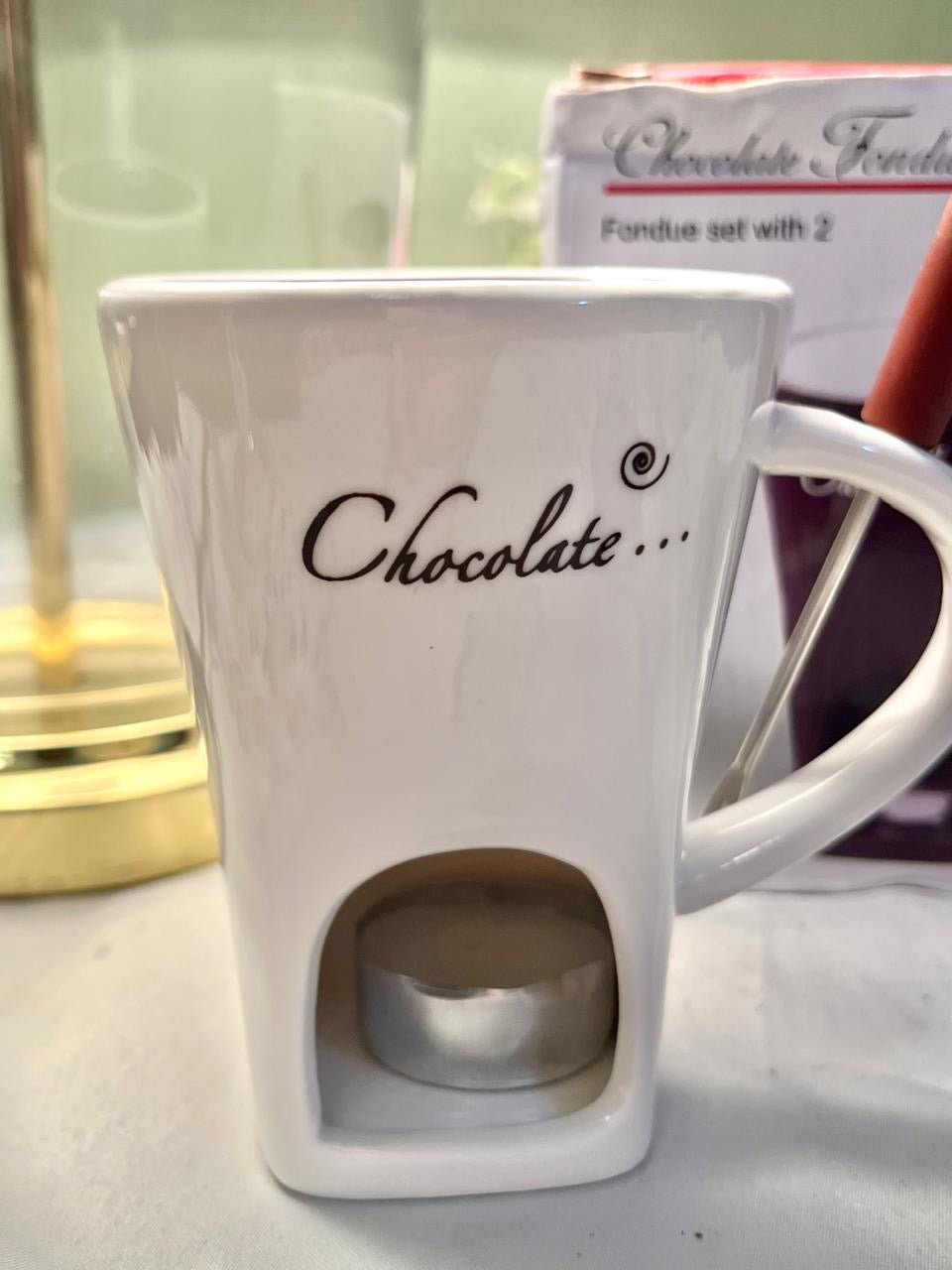 Chocolate Fondue Mug Set White Ceramic with Tea Light 12cm
