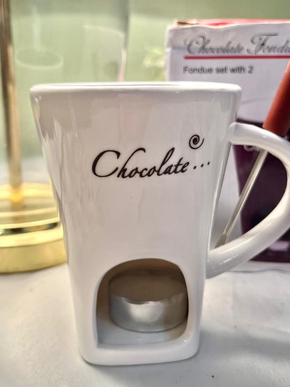 Chocolate Fondue Mug Set White Ceramic with Tea Light 12cm