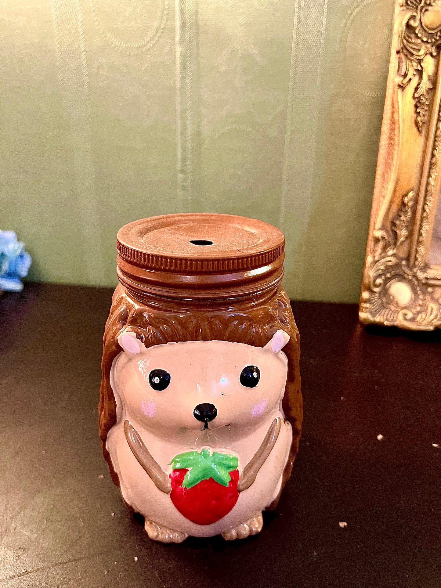 Hedgehog Mason Jar Tumbler with Lid | Strawberry Animal Cup