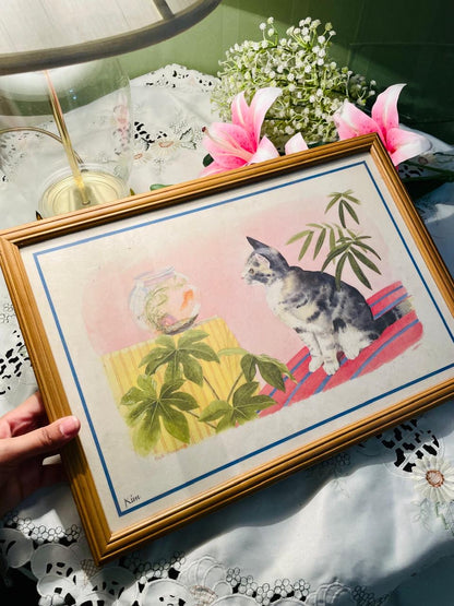 Framed Cat & Fish Bowl Art Table 42 cm