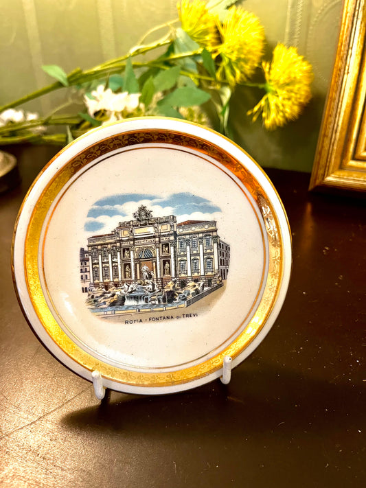 Vintage Roma Trevi Fountain Decorative Plate 5 Inch Gold Trim