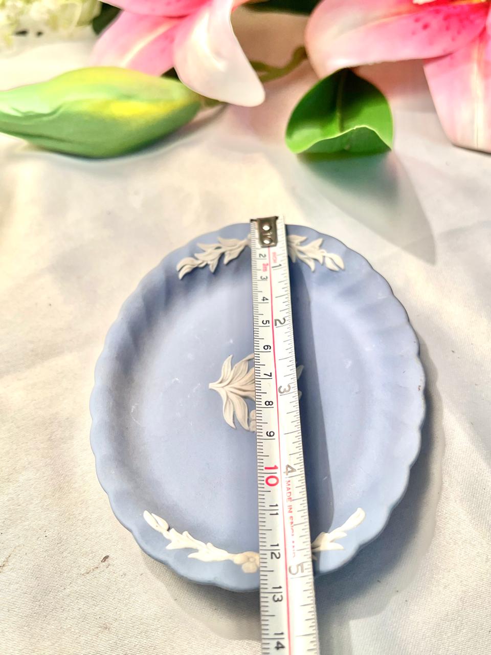 Wedgwood Blue Oval Trinket Dish White Relief 14 cm