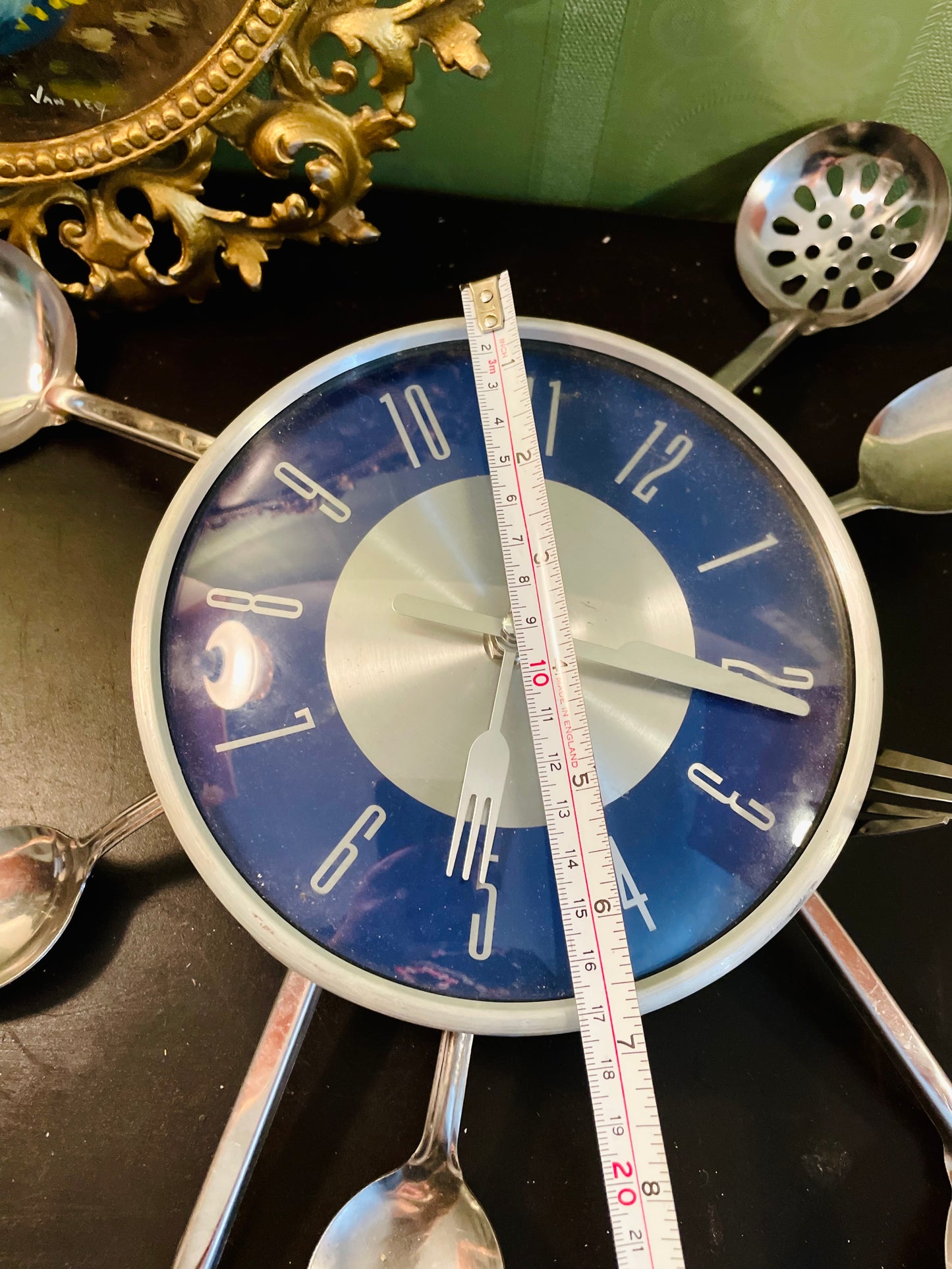 Vintage Cutlery Kitchen Wall Clock Blue Dial