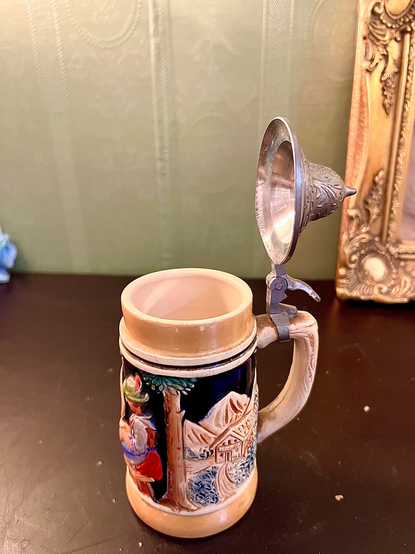 Vintage German Beer Stein with Pewter Lid | Alpine Relief Stoneware Lidded Mug | Collectible Stein