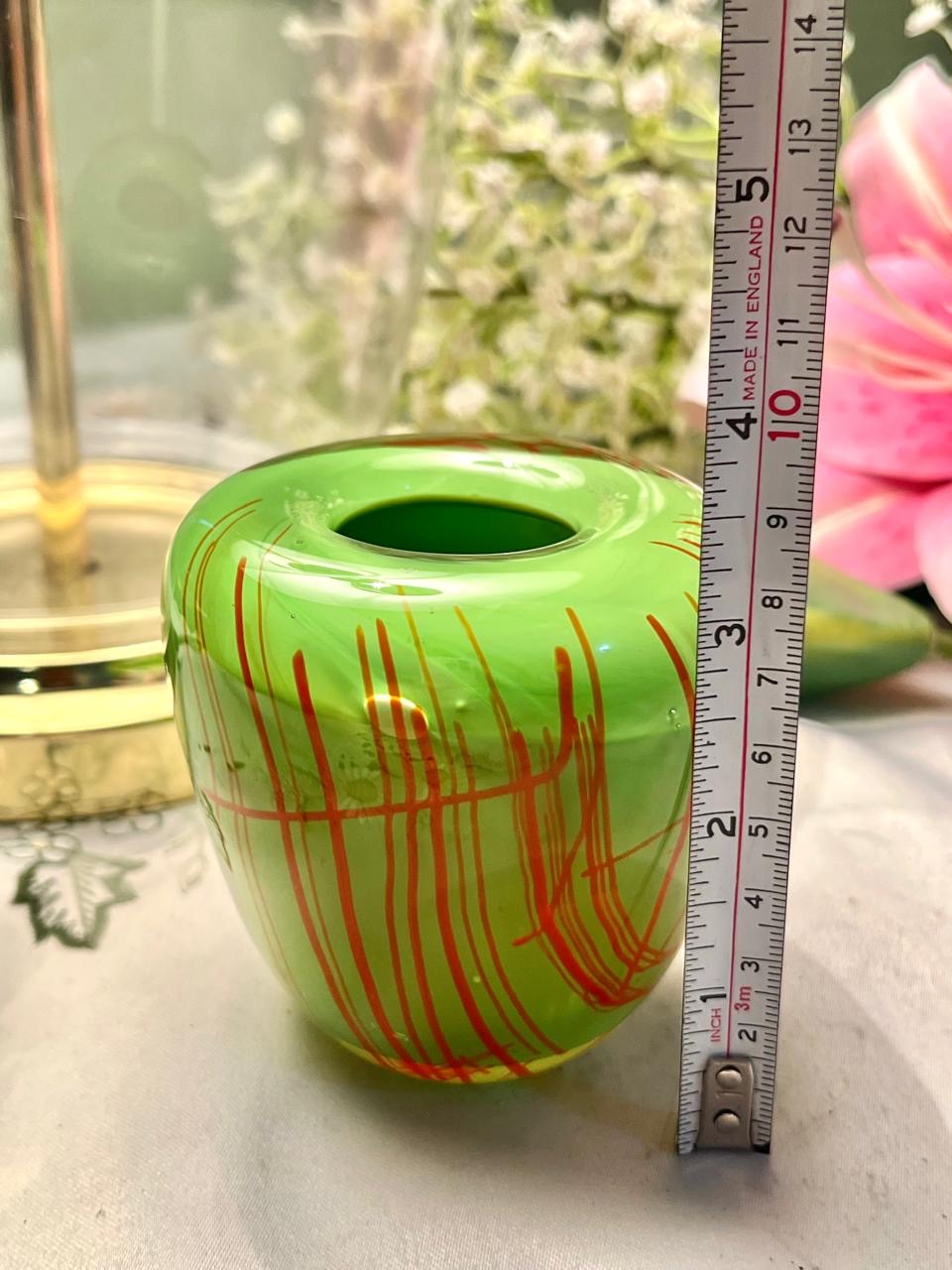 Vintage Green Crystal Bud Vase with Red Lines 9 cm