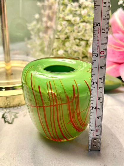 Vintage Green Crystal Bud Vase with Red Lines 9 cm