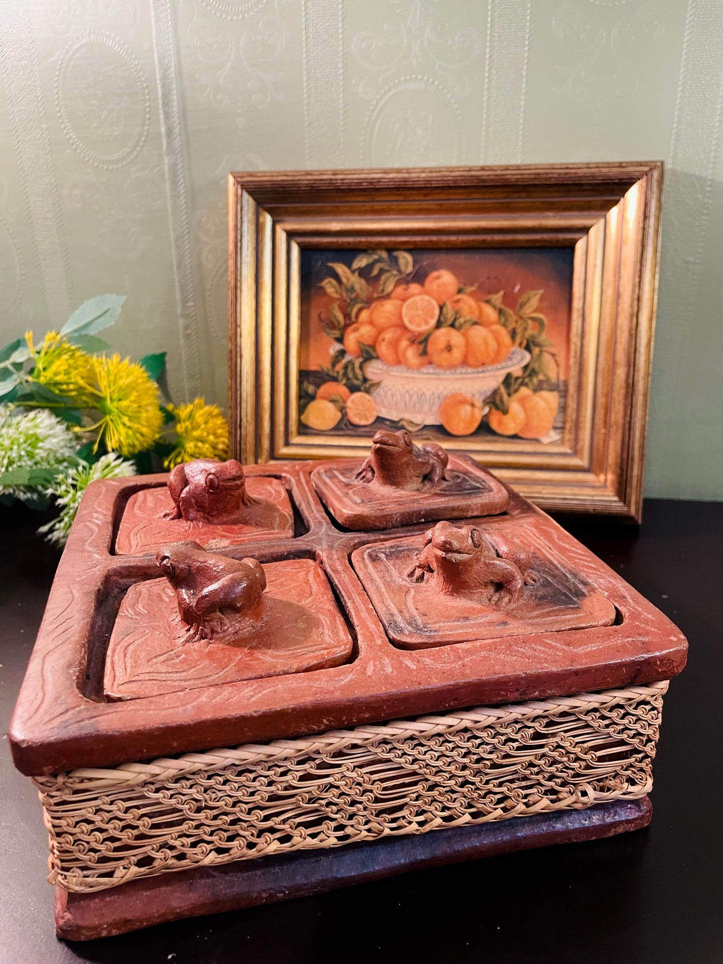 Antique Terracotta Frog Spice Box with 4 Compartments – 14 cm