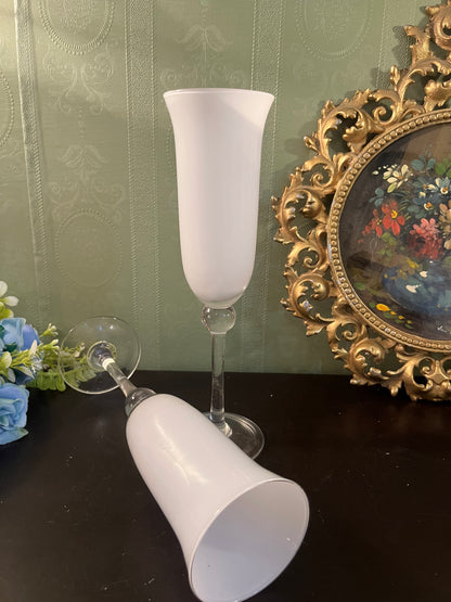 Set of 2 Frosted Glass Candle Holders / Tall White Stemmed Candle Stands