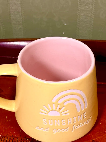 Yellow “Sunshine and Good Feelings” Ceramic Mug – Pink Interior Rainbow Design