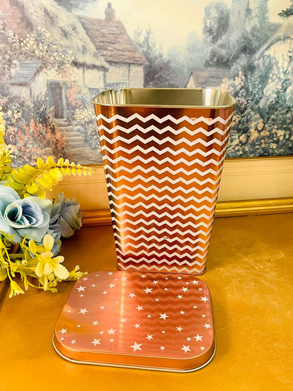 Vintage Chevron Pattern Metal Storage Tin with Lid