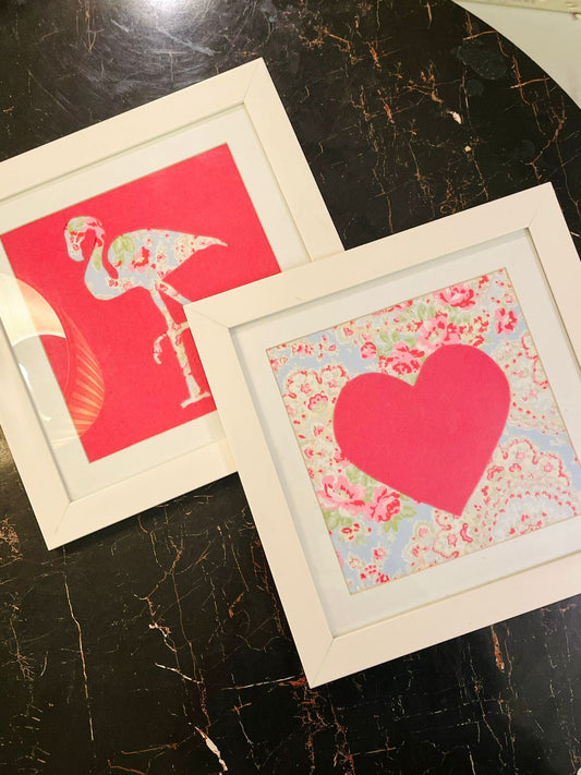 Pair of Framed Heart and Flamingo Floral Wall Art 12 inch