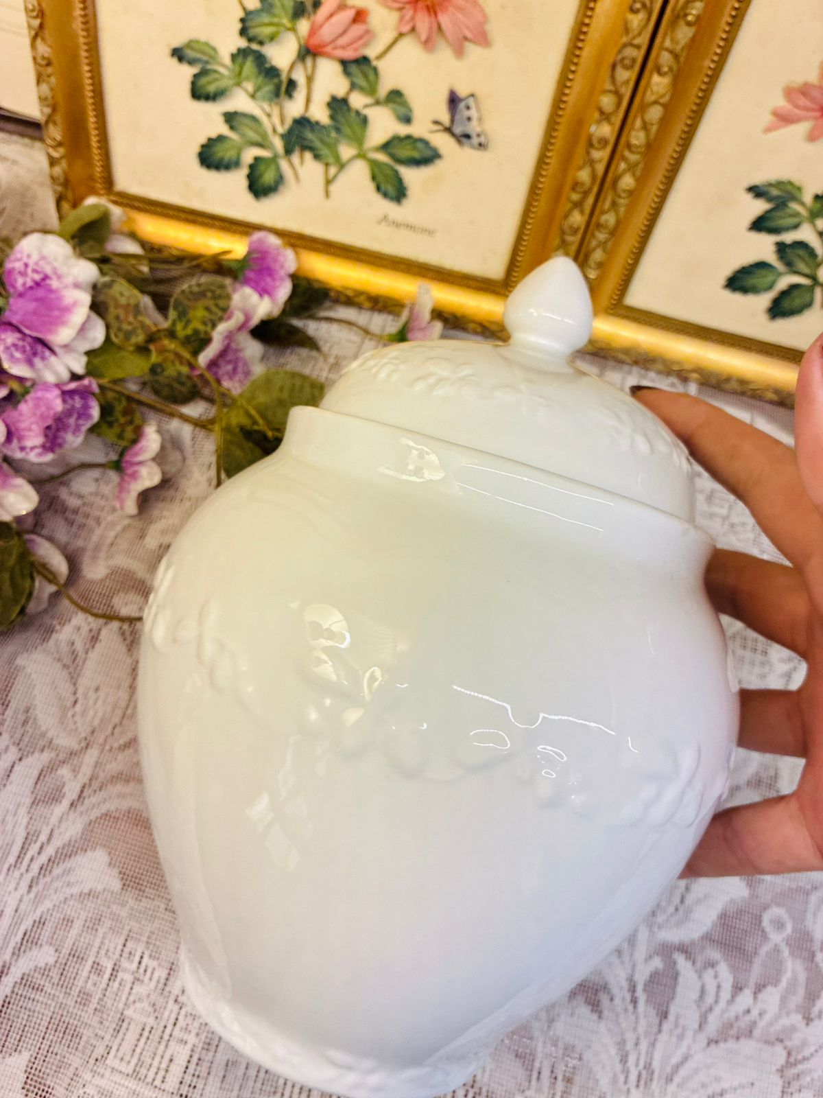 Vintage large White Porcelain Lidded Jar Embossed Floral