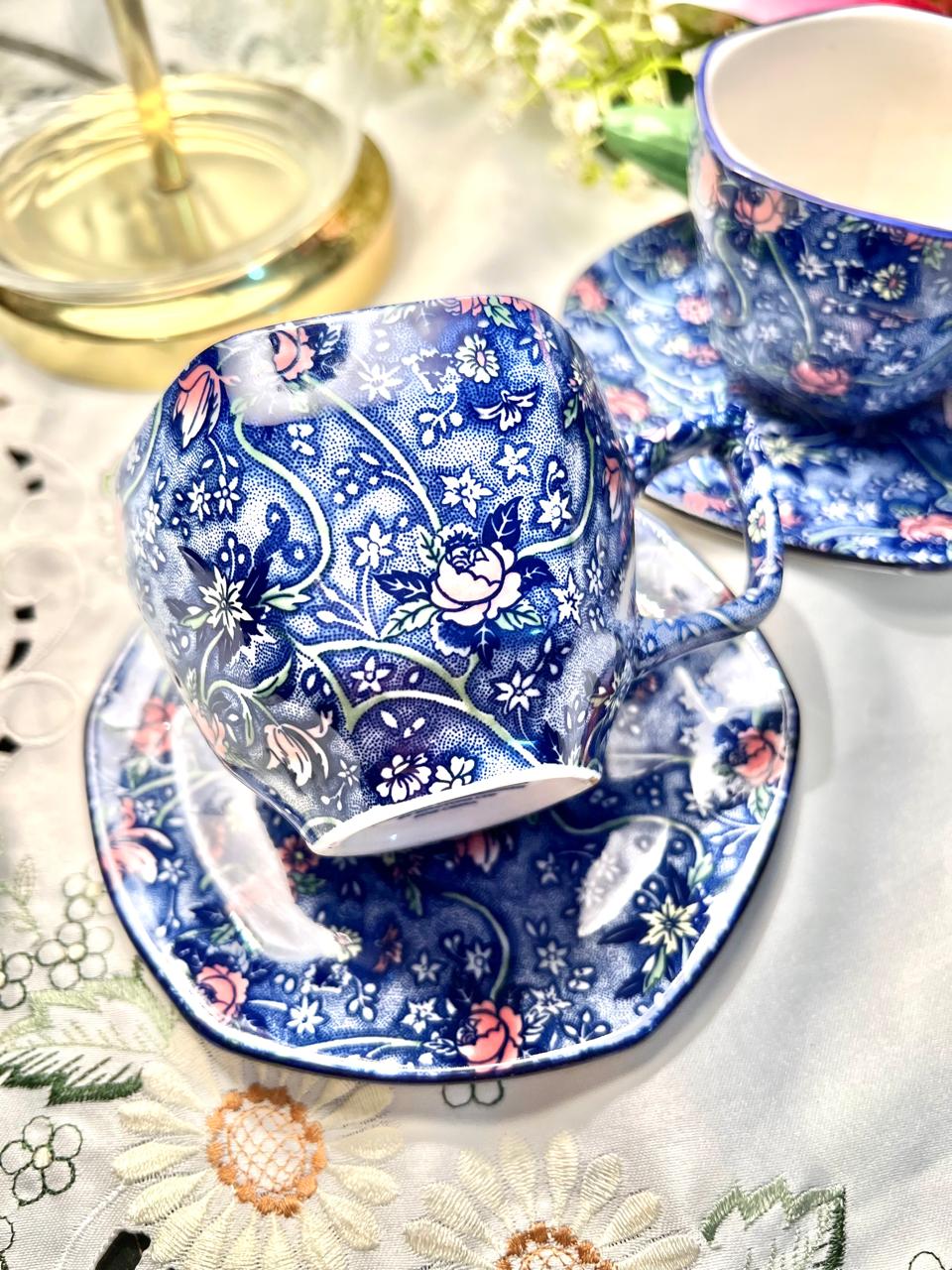 Ringtons Fine China Blue Chintz Cup & Saucer Set – Set of 2