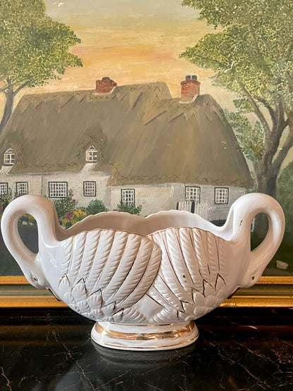 vintage swan planter, ceramic swan centerpiece, white and gold home decor, european vintage pottery, decorative vase pakistan, sunset kitchen decor, cottagecore centerpiece, antique ceramic swan, high end thrift lahore, vintage floral vase