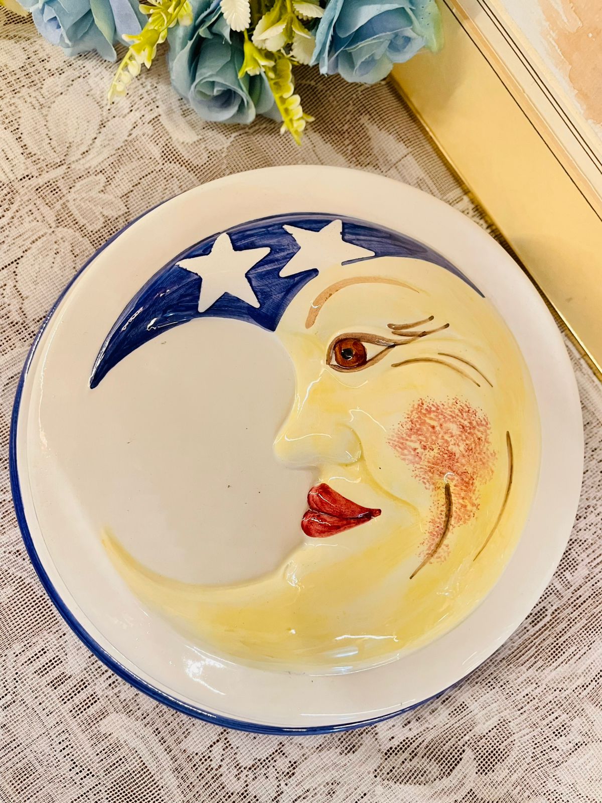 Hand-Painted Moon Face Ceramic Wall Plate