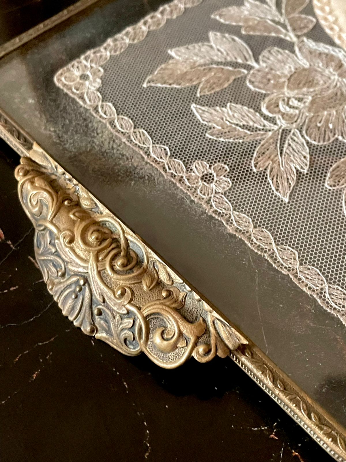 Vintage Glass Tray with Embroidered Lace & Floral Center – Brass Handles