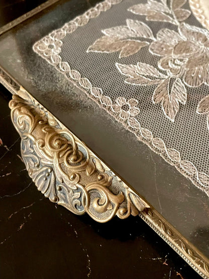 Vintage Glass Tray with Embroidered Lace & Floral Center – Brass Handles