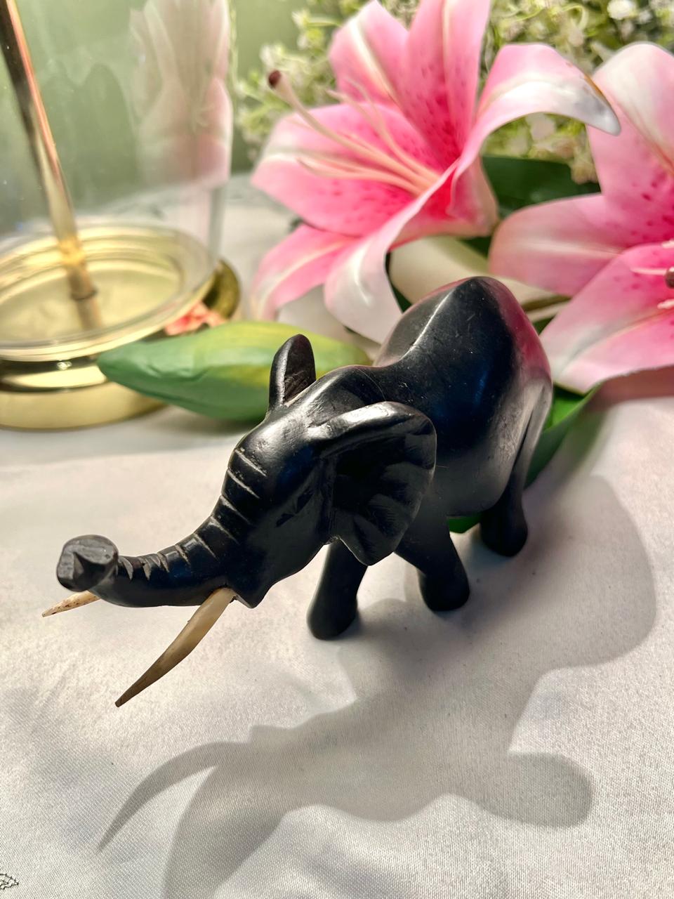 Vintage Black Elephant Figurine with Raised Trunk & Tusks – 16 cm