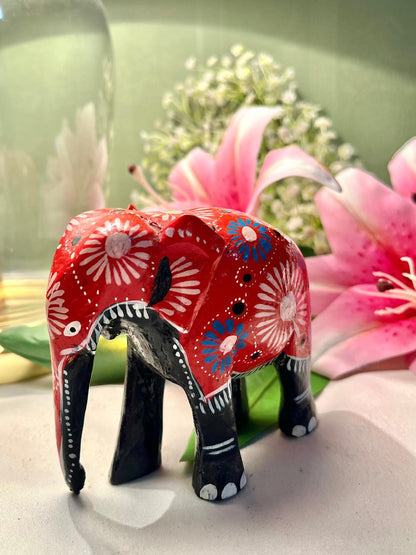 Hand-Painted Red Floral Elephant Figurine – Folk Art Decor 10 cm