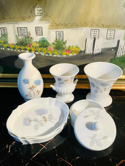 Wedgwood Bone China “Ice Rose” Set of 6  – Decorative Vase, mini dishes & Trinket Set (England)