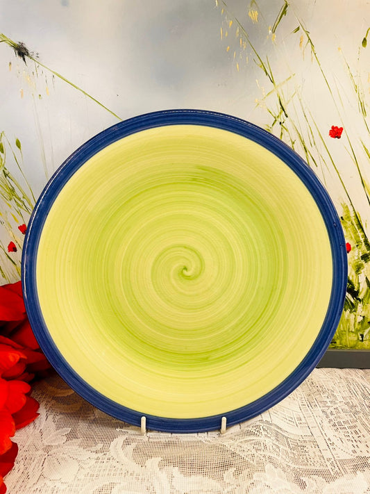 Vintage Green Swirl Ceramic Wall Plater with Blue Rim 10.5 in