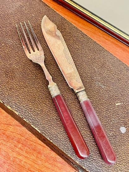 Vintage Maroon-Handled Cutlery Set in Original Case
