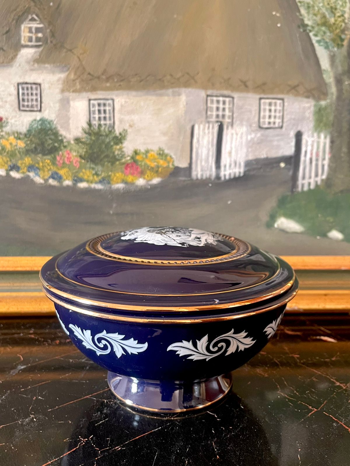 fiorentine italy bowl, handmade italian pottery, cobalt blue gold bowl, neoclassical decorative bowl, european vintage decor, italian collectible pottery, sunset kitchen decor, vintage italian trinket box, antique home decor pakistan, high-end thrift lahore