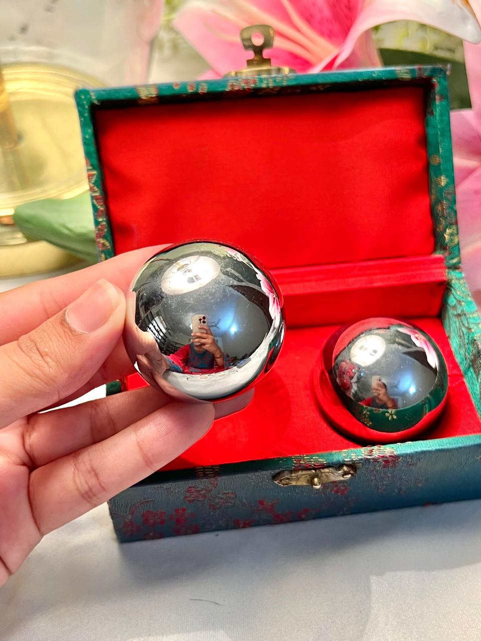 Chinese Baoding Exercise Balls in Brocade Box – Pair of Chrome Meditation Balls, Approx. 13 cm Box