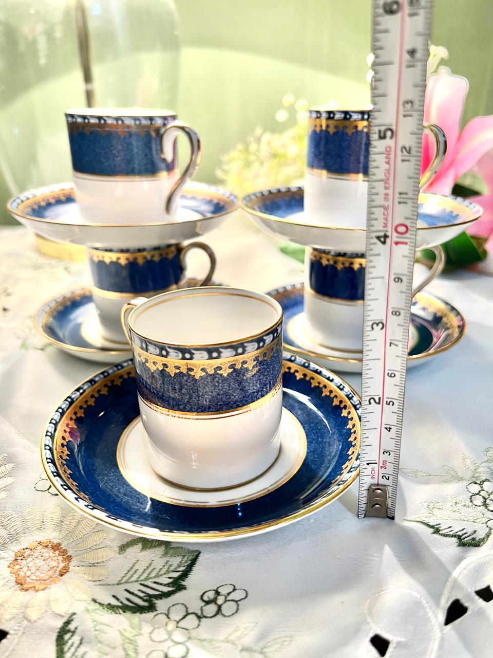 Vintage Cobalt Blue & Gold English Coffee Cup & Saucer Set – 10 Pieces