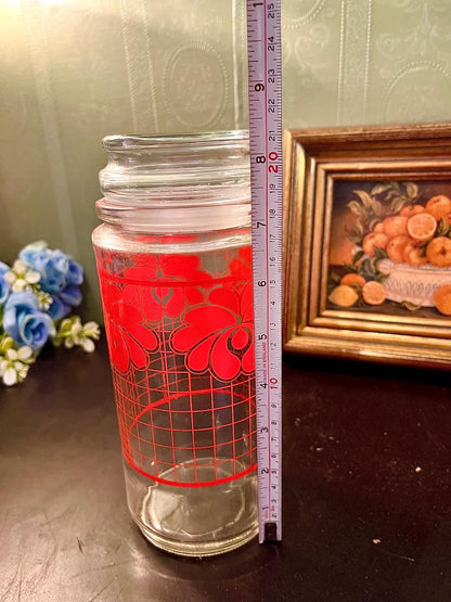 Vintage Glass Storage Jar with Red Floral Print – Kitchen Canister