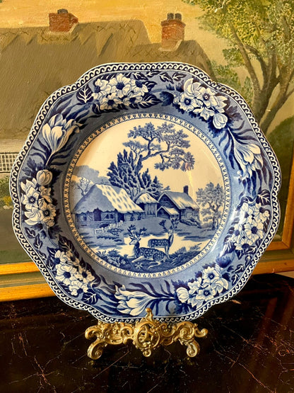 wedgwood england plate, wedgwood fallow deer, blue and white transferware, english countryside plate, vintage wedgwood crockery, european vintage crockery pakistan, royal blue  plate, sunset kitchen decor, antique home decor, collectible plate, high end thrift lahore