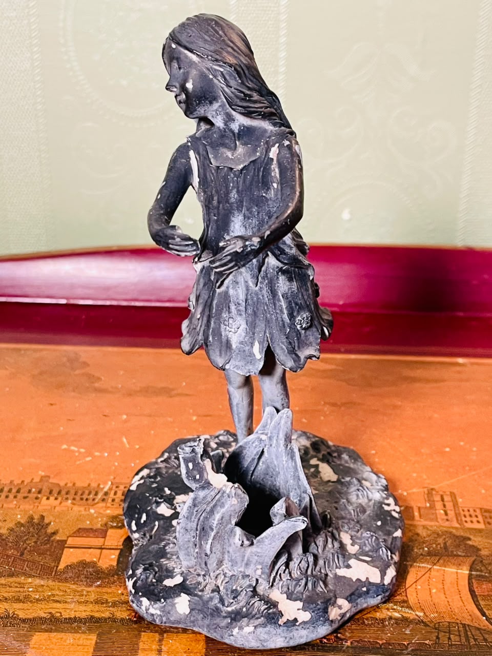 Vintage Girl by Pond Figurine Sculpture 6 Inch