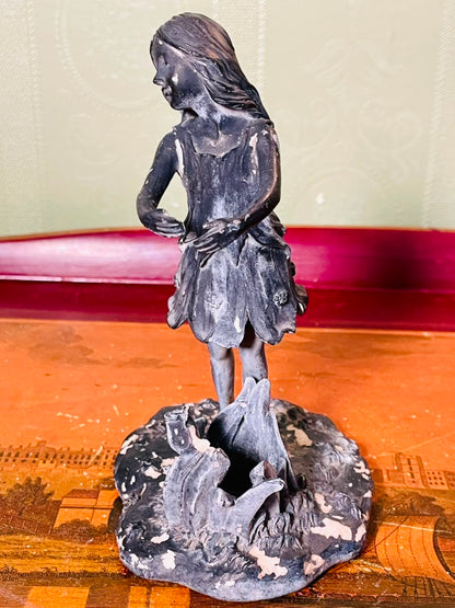 Vintage Girl by Pond Figurine Sculpture 6 Inch